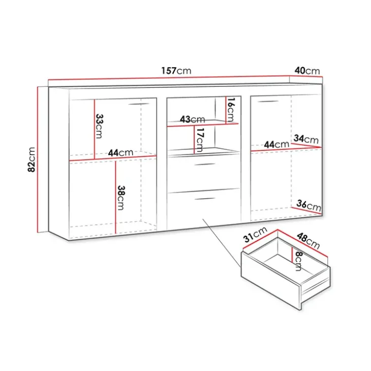 Madia 157x82h cm 2 ante 2 cassetti moderna con led rovere chiaro Haarlem