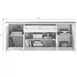 Madia 207x88h cm 4 ante 1 cassetto con led bianco lucido rovere chiaro Istria