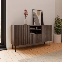 Madia 151x81h cm 2 ante 1 cassetto 2 vani a giorno noce cannettato Gabiot