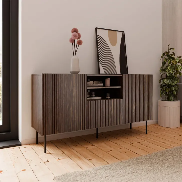Madia 151x81h cm 2 ante 1 cassetto 2 vani a giorno noce cannettato Gabiot