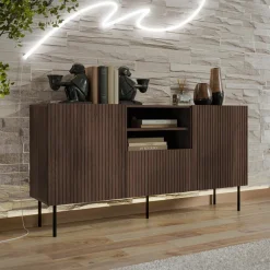 Madia 151x81h cm 2 ante 1 cassetto 2 vani a giorno noce cannettato Gabiot