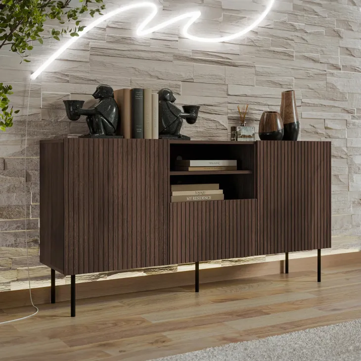 Madia 151x81h cm 2 ante 1 cassetto 2 vani a giorno noce cannettato Gabiot