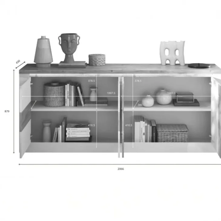 Madia 207x88h cm 4 ante con led bianco lucido rovere chiaro Istria