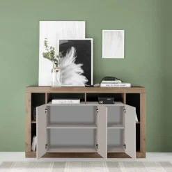 Madia 172x102h cm 3 ante e vani a vista beige cashmere rovere scuro Trilogy