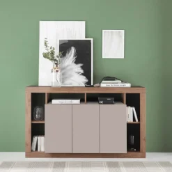 Madia 172x102h cm 3 ante e vani a vista beige cashmere rovere scuro Trilogy