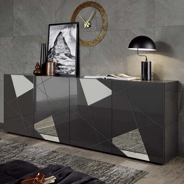 Madia 241x84h cm 4 ante grigio lucido specchio con serigrafia Olimpo