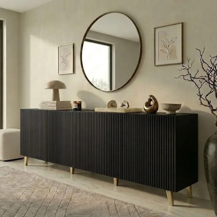 Madia 201x83h cm 4 ante moderna cannettato nero Essence