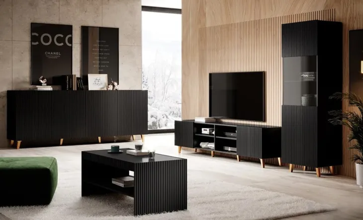 Madia 201x83h cm 4 ante moderna cannettato nero Essence