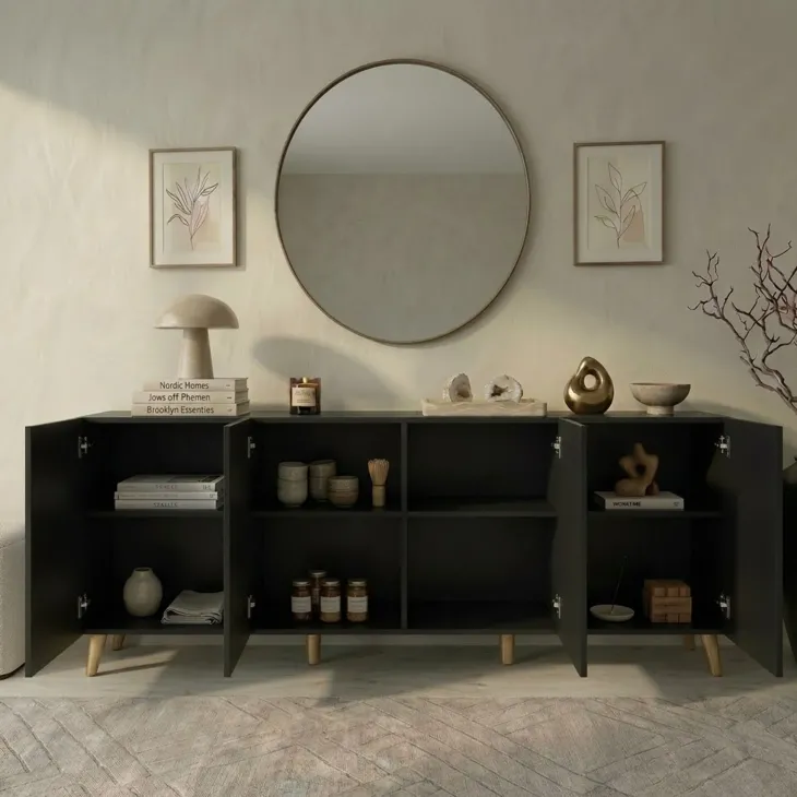 Madia 201x83h cm 4 ante moderna cannettato nero Essence