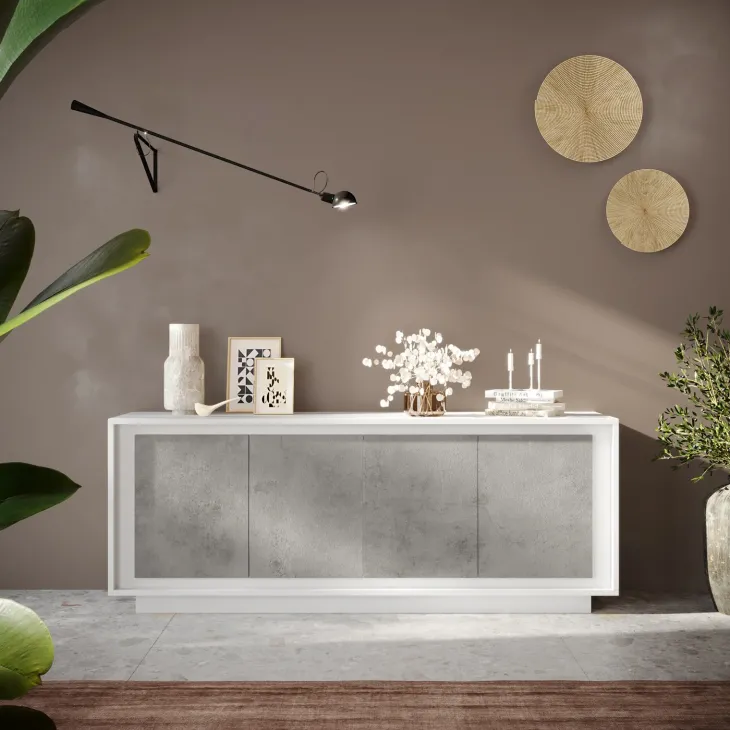 Madia 207x80h cm 4 ante moderna cemento bianco opaco Deluxe