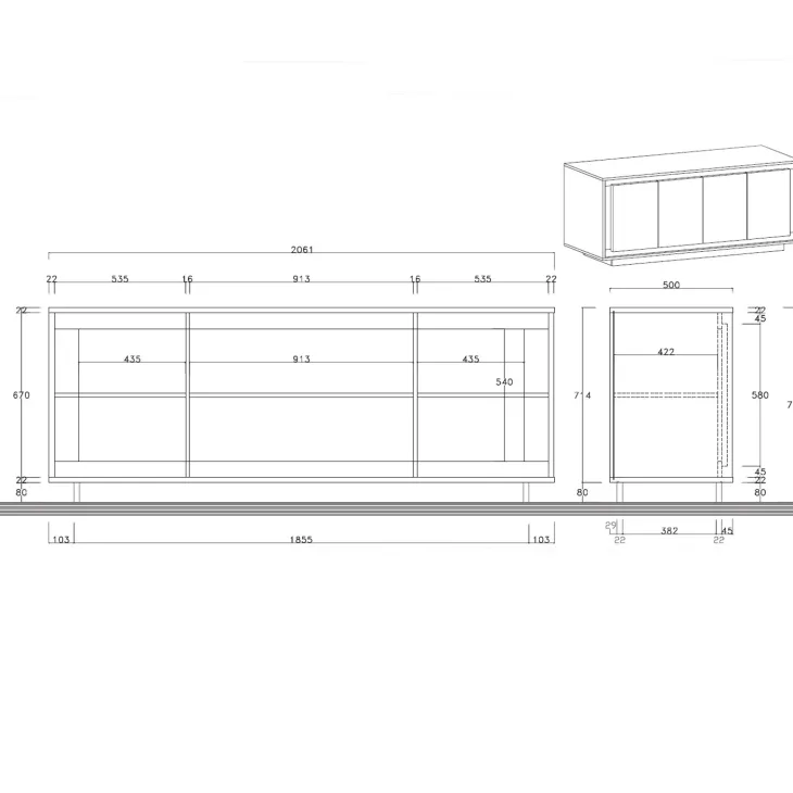 Madia 207x80h cm 4 ante moderna cemento bianco opaco Deluxe