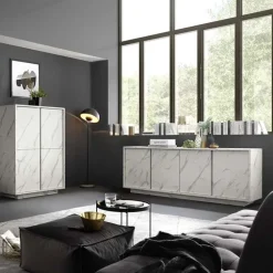 Madia 180x79h cm 4 ante moderna effetto marmo bianco Viking