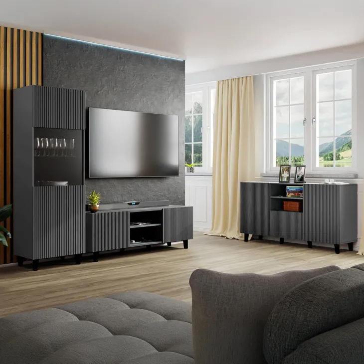 Madia 151x83h cm 3 ante moderna industrial cannettato antracite Essence