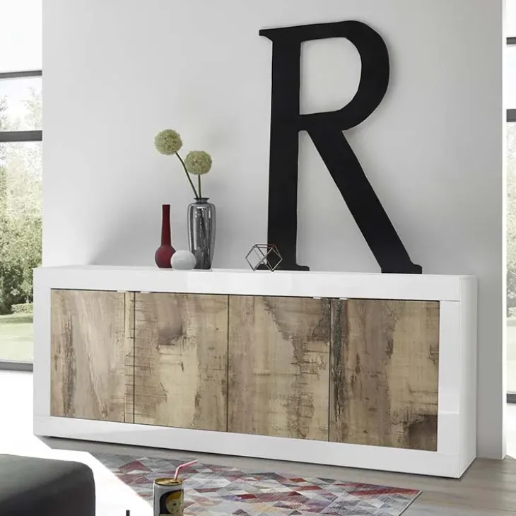 Madia 207x86h cm 4 ante moderna soggiorno bianco lucido pero Eternity