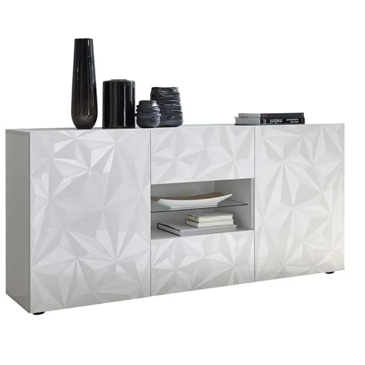Madia 181x84h cm 2 ante soggiorno bianco laccato lucido con serigrafia Marvis