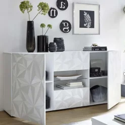 Madia 181x84h cm 2 ante soggiorno bianco laccato lucido con serigrafia Marvis