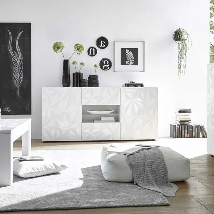 Madia 181x84h cm 2 ante soggiorno bianco laccato lucido con serigrafia Marvis