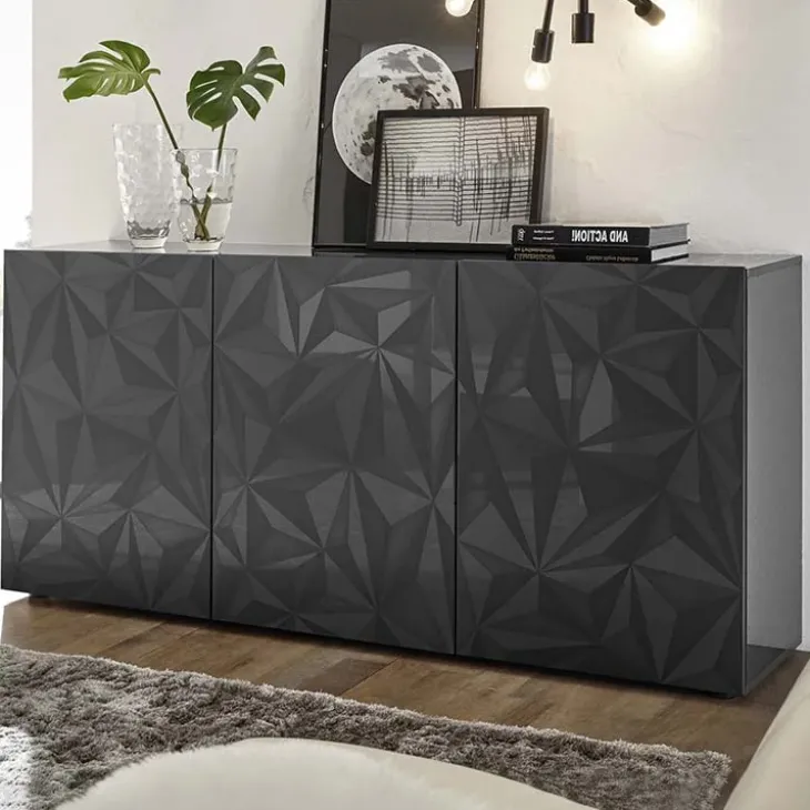 Madia 181x84h cm 3 ante soggiorno grigio lucido con serigrafia Marvis