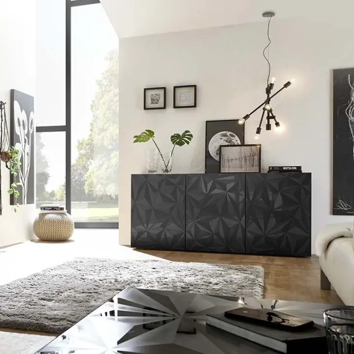 Madia 181x84h cm 3 ante soggiorno grigio lucido con serigrafia Marvis