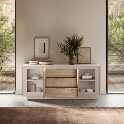 Madia 180x80h cm 3 cassetti 2 ante moderna beige rovere chiaro Deluxe