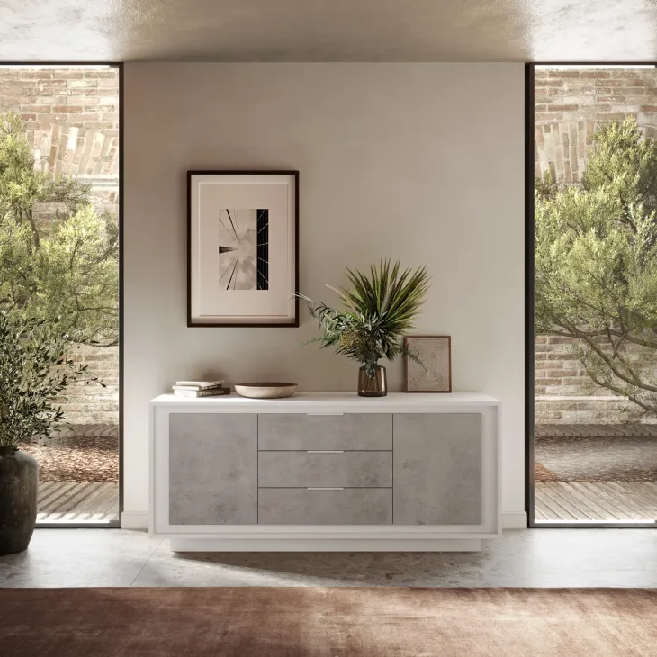 Madia 180x80h cm 3 cassetti 2 ante moderna bianco opaco grigio cemento Deluxe