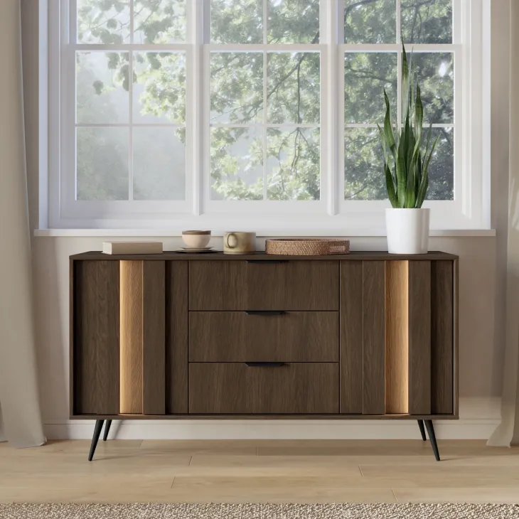 Madia 154x83h cm con led 2 ante 3 cassetti soggiorno noce Bois