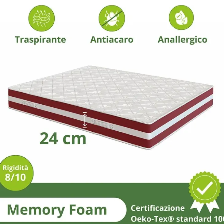 Materasso matrimoniale 160x200cm doppio strato memory antiacaro H. 24cm Superior Memory