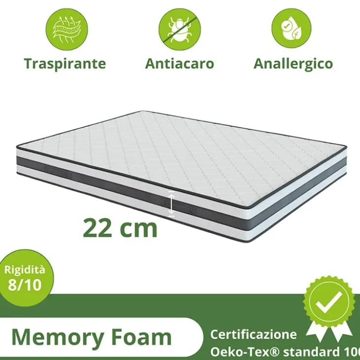 Materasso matrimoniale 160x200cm memory antiacaro H.22cm Memory Deluxe