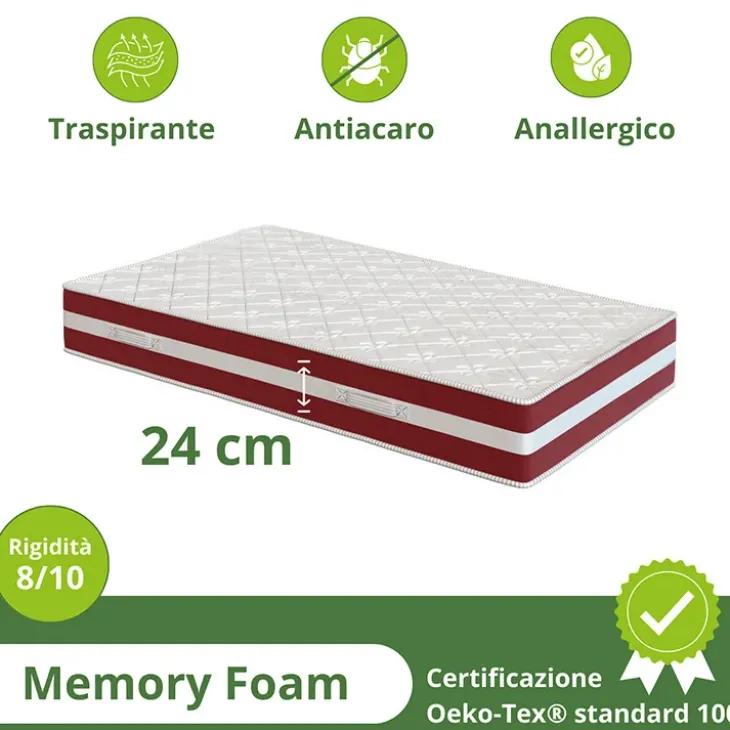 Materasso singolo 90x190cm doppio strato memory antiacaro H. 24cm Superior Memory