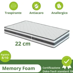 Materasso singolo 80x200cm memory antiacaro H. 22cm Memory Deluxe