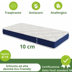 Materasso singolo 80x190cm schiumato antiacaro H. 10cm Top Dream