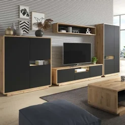 Mensola 150x27h cm moderna soggiorno rovere nero opaco Esmond