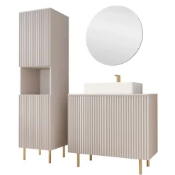 Mobile bagno a terra cannettato 87 cm con colonna a 2 ante e specchio beige cashmere Nuria