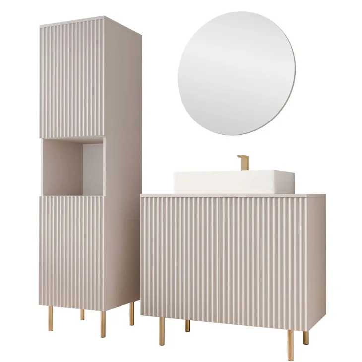 Mobile bagno a terra cannettato 87 cm con colonna a 2 ante e specchio beige cashmere Nuria
