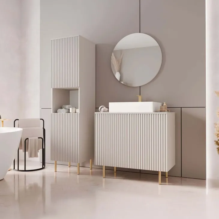 Mobile bagno a terra cannettato 87 cm con colonna a 2 ante e specchio beige cashmere Nuria