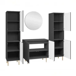 Mobile bagno a terra cannettato 87 cm con 2 colonne a terra, specchio nero Nuria