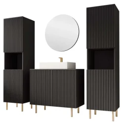 Mobile bagno a terra cannettato 87 cm con 2 colonne a terra, specchio nero Nuria