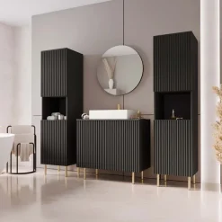 Mobile bagno a terra cannettato 87 cm con 2 colonne a terra, specchio nero Nuria
