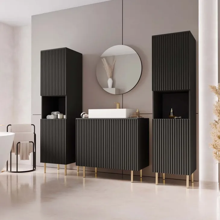 Mobile bagno a terra cannettato 87 cm con 2 colonne a terra, specchio nero Nuria