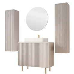 Mobile bagno a terra cannettato 87 cm con 2 colonne sospese e specchio beige cashmere Nuria