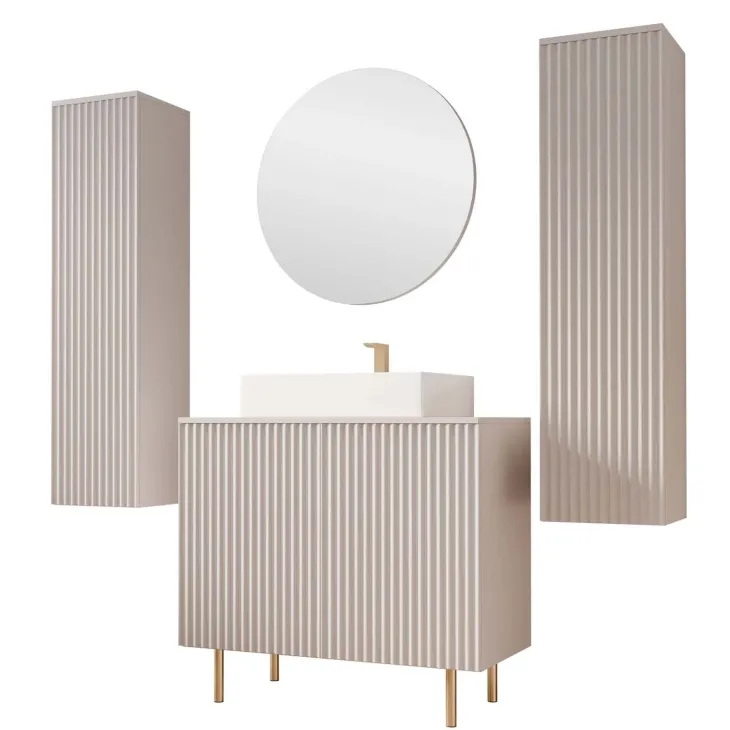 Mobile bagno a terra cannettato 87 cm con 2 colonne sospese e specchio beige cashmere Nuria