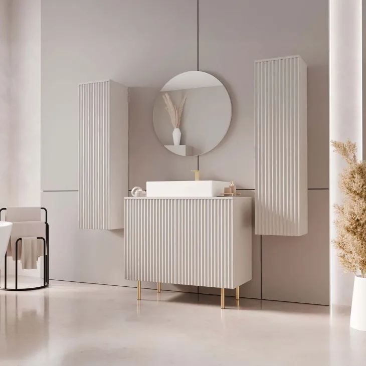 Mobile bagno a terra cannettato 87 cm con 2 colonne sospese e specchio beige cashmere Nuria