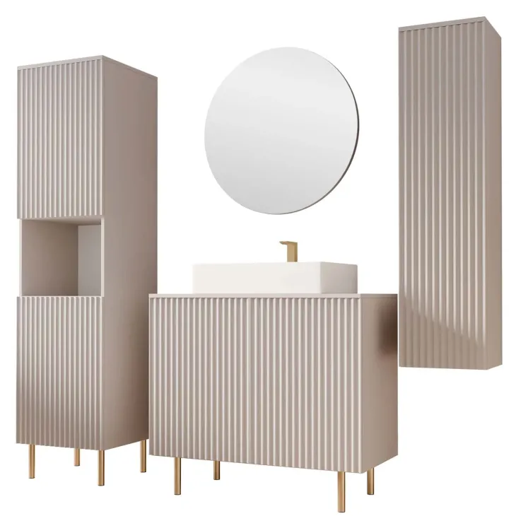 Mobile bagno a terra cannettato 87 cm con colonna sospesa e a terra, specchio beige cashmere Nuria