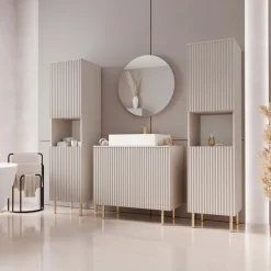 Mobile bagno a terra cannettato 87 cm con 2 colonne a terra, specchio beige cashmere Nuria