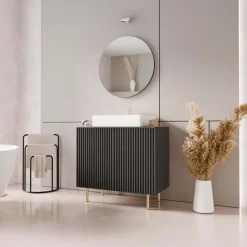 Mobile bagno a terra cannettato 87 cm con specchio 2 ante nero Nuria