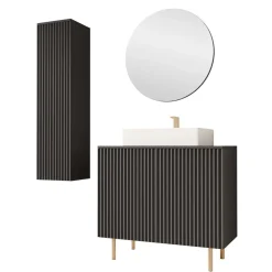 Mobile bagno a terra cannettato 87 cm con colonna sospesa e specchio nero Nuria