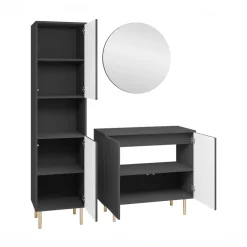 Mobile bagno a terra cannettato 87 cm con colonna a 2 ante e specchio nero Nuria