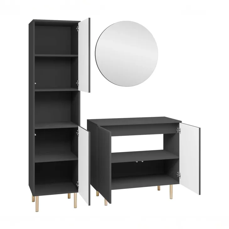 Mobile bagno a terra cannettato 87 cm con colonna a 2 ante e specchio nero Nuria