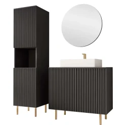 Mobile bagno a terra cannettato 87 cm con colonna a 2 ante e specchio nero Nuria