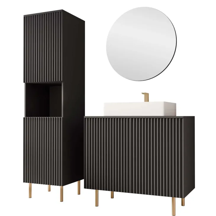 Mobile bagno a terra cannettato 87 cm con colonna a 2 ante e specchio nero Nuria